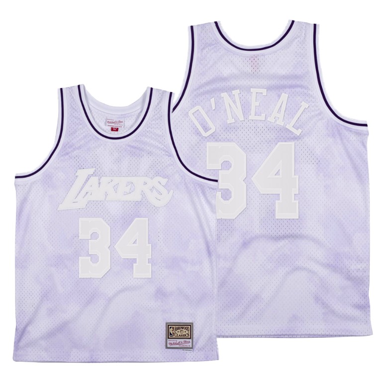 Men's Los Angeles Lakers Shaquille O'Neal #34 NBA Cloudy Skies Mesh Hardwood Classics Grey Basketball Jersey HLL1583QU